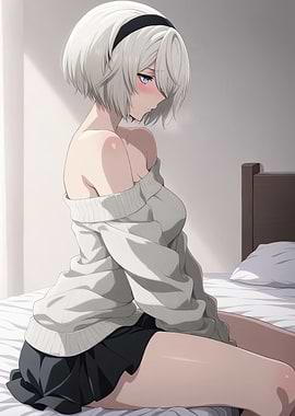 Anime Girl in Sweater on Bed