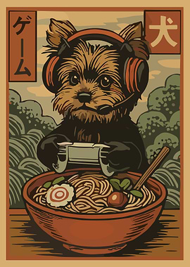 Yorkie Ramen Gamer Poster, Cute Dog Gaming Art, Japanese Anime Food Wall Decor Print