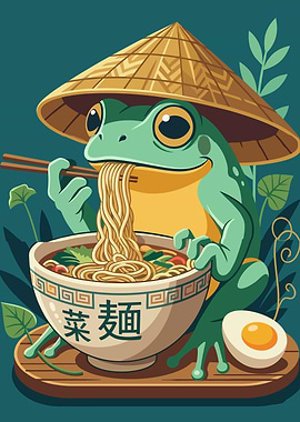 Frog Eating Ramen with Conical Hat