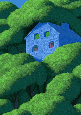 Blue House in Green Forest