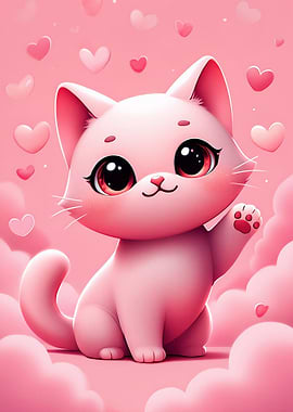 Cute Pink Cat with Hearts