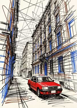 City Street with Red Taxi Sketch
