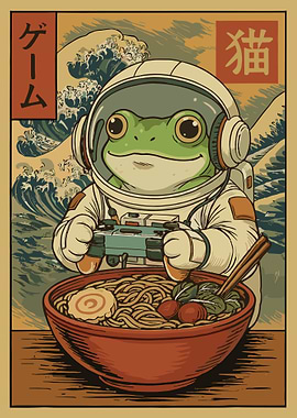 Frog Astronaut Gaming Ramen Poster, Cute Space Gamer Wall Art, Cartoon Japan Illustration