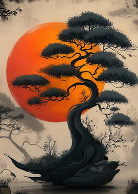 Bonsai Tree with Rising Sun