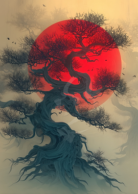 Bonsai Tree with Red Sun