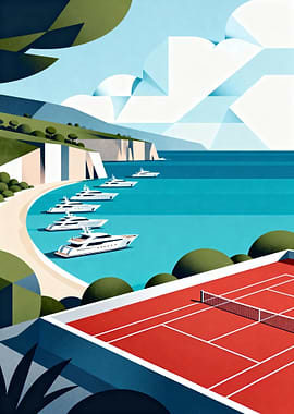 Coastal Tennis Court with Yachts
