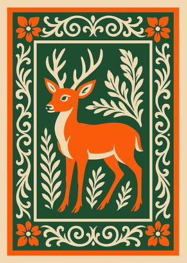 Stylized Deer Illustration with Floral Border