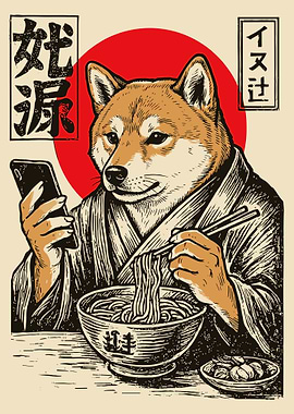 Shiba Inu Ramen Poster, Japanese Dog Art Print, Vintage Ukiyo Style Wall Art