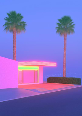 Neon Building with Palm Trees
