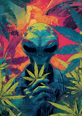 Alien with Marijuana Leaves Illustration