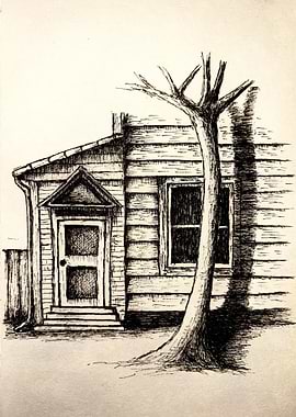 Ink Drawing of House and Tree