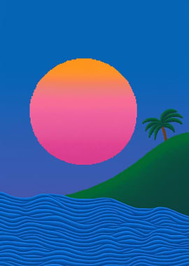 Pixel Art Sunset Beach Landscape