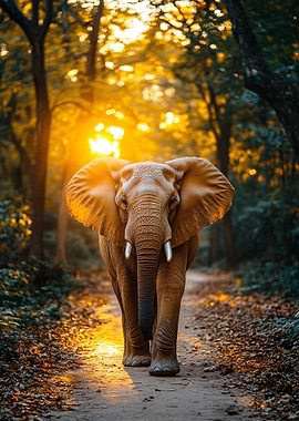 Elephant walking through forest at sunset