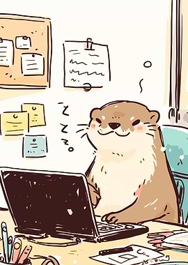 Sleeping Otter Working on Laptop