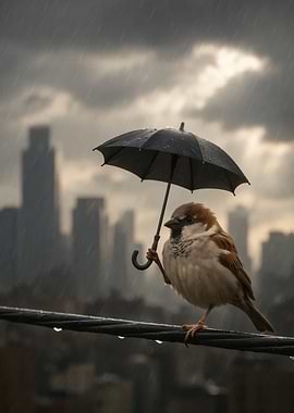 Sparrow with Umbrella in Rainy City