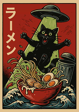 UFO Cat Ramen Poster, Japanese Anime Food Art Print, Retro Sci Fi Kitchen Wall Decor