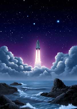 Space Shuttle Launching into Starry Sky