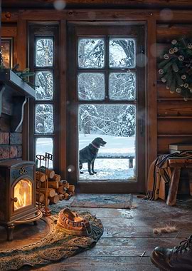 Cozy Cabin Winter Scene with Dog