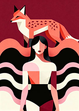 Geometric Woman and Fox Illustration