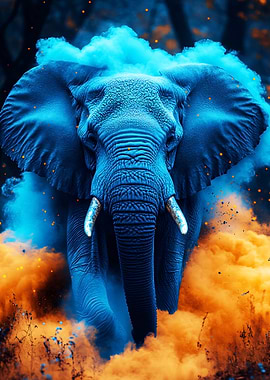 Blue Elephant in Colorful Smoke