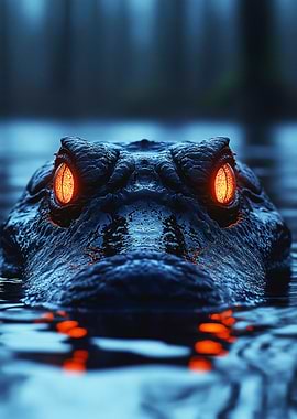 Alligator with Glowing Eyes in Water