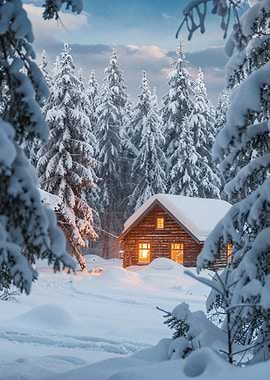 Winter Cabin in Snowy Forest