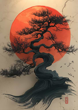 Bonsai Tree with Red Sun