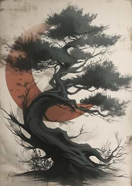 Bonsai Tree with Rising Sun