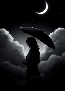 Monochrome Woman with Umbrella Under Moon