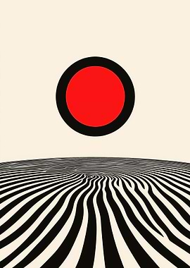 Abstract Red Sun Over Striped Landscape