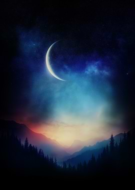 Crescent Moon Over Mountain Landscape