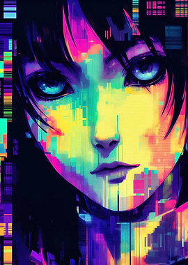 Cyberpunk Neon Anime Glitch Girl Portrait