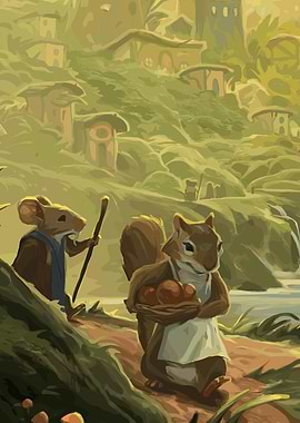 Squirrel and Mouse in Village Illustration