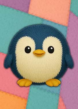 Cute Penguin Plush on Patchwork Background