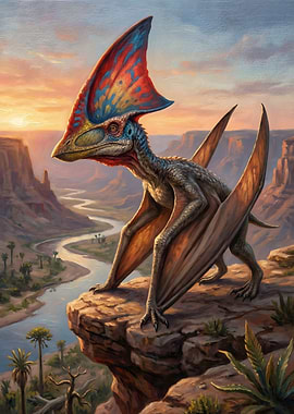 Pterosaur on Cliff Edge at Sunset