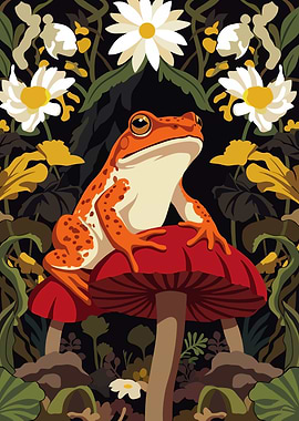 Orange Frog on Mushroom Art Nouveau