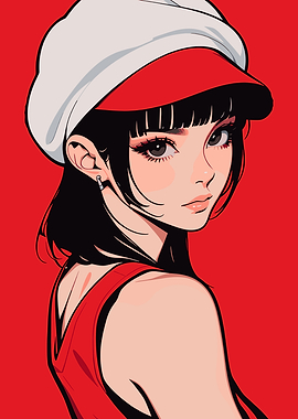 Anime Girl with Red and White Hat