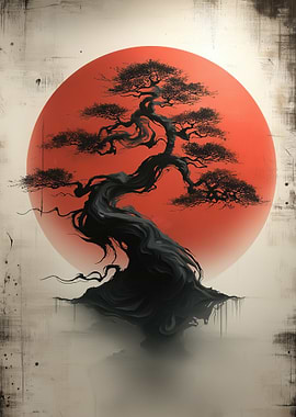 Bonsai Tree with Red Sun