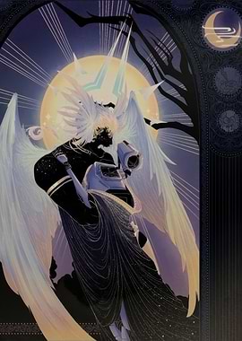 Winged Figure with Glowing Moon Background