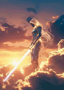 Armored Figure with Sword in Clouds