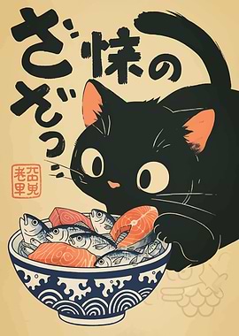 Black Cat and Bowl of Fish