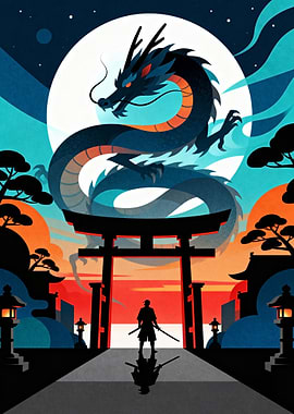 Dragon, Samurai, and Torii Gate