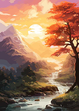 Autumn Landscape with River and Mountains