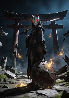 Fox Mask Warrior with Sword and Shield