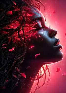 Woman in Red with Rose Petals