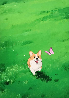 Corgi and Butterfly in Green Field