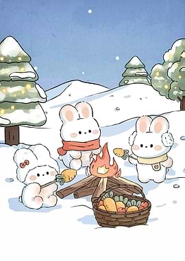 Winter Campfire Cute Bunnies