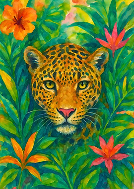 Watercolor Leopard in Tropical Foliage