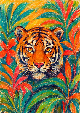 Tiger in Tropical Foliage Pastel Art
