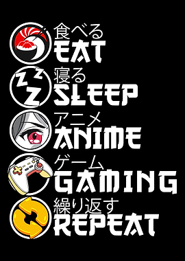 Eat Sleep Anime Gaming Repeat Poster, Otaku Wall Art, Japanese Gamer Room Decor Print